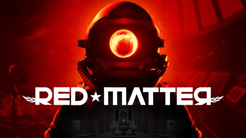 Red Matter key art featuring a mysterious cosmonaut with a glowing red orb in his helmet, between the surface of Rhea and the Strelka N3 Volgravian base